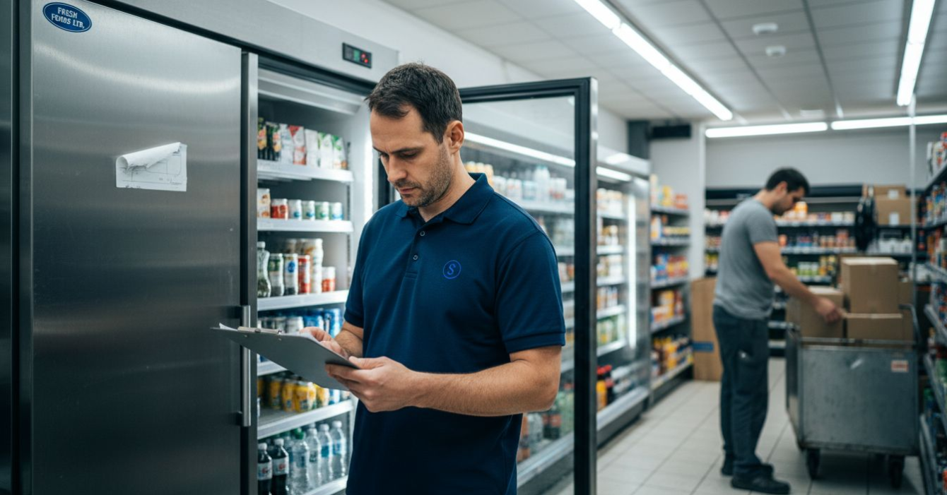 Manager checks logs at commercial fridge