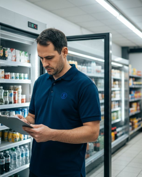 Manager checks logs at commercial fridge