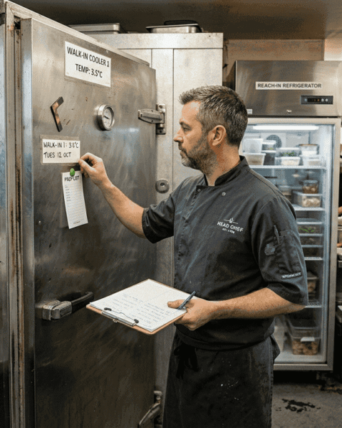 Manager checks refrigeration units in restaurant