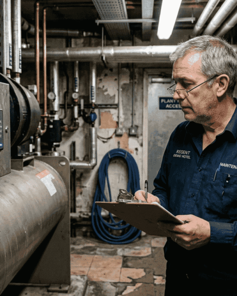 1773743970062_Engineer-checking-hotel-chiller-unit-in-basement Engineer checking hotel chiller unit in basement