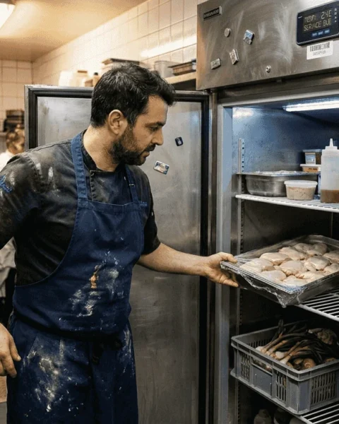 1773808156676_Chef-checking-refrigerator-in-restaurant-kitchen Chef checking refrigerator in restaurant kitchen